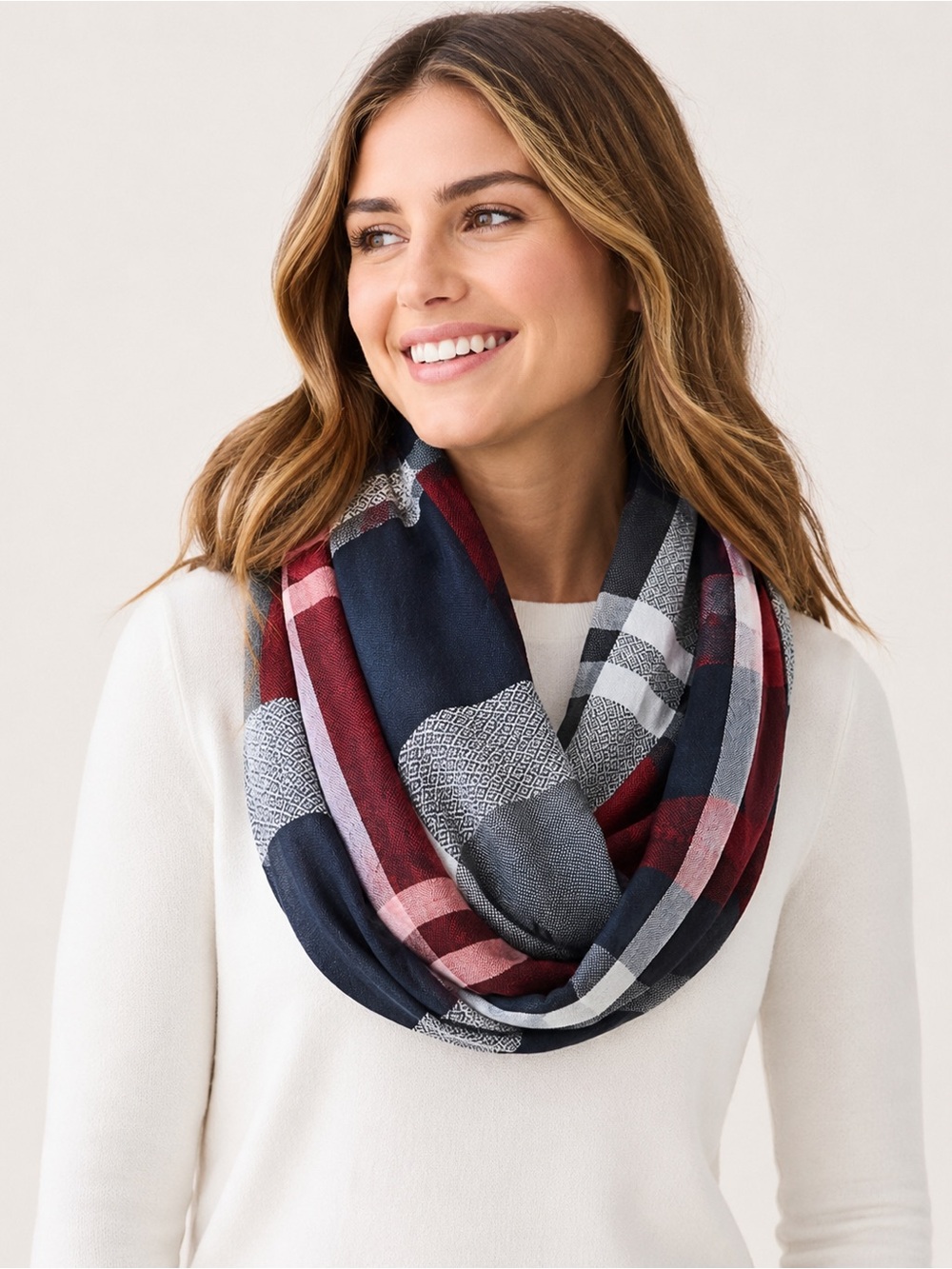LOFT Plaid Infinity Scarf Burgundy Navy Gray Cotton Blend NWT
